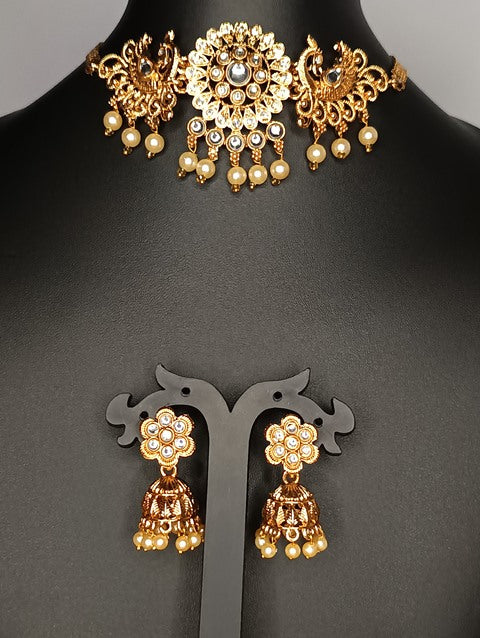 Stunning antique White Kundan studded Designer Peacock Style choker-PunnagaiDJ