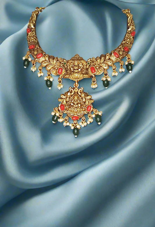 Stunning Antique lakshmi necklace set with coral and emerald beads