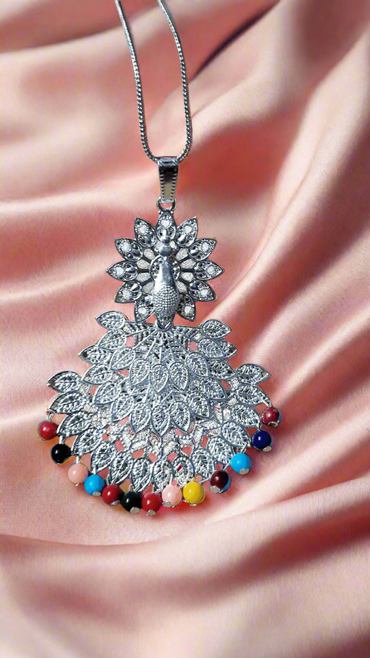 oxidised jewellery long necklace multi-color beads
Lightweight Silver Pendant Necklace Handcrafted Minimalist