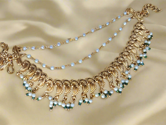 Temple jewelry hair-to-ear chain
Traditional hair-to-ear accessories
South Indian hair-to-ear connectors
Temple design jhumar chain
Antique gold hair-to-ear chain
Bridal hair chain earrings
Hair draping jewelry
Mattal / Maattal (Hair-to-ear chain)
Kemp Stone Hair Chain
Lakshmi Design Ear Chain
Antique Gold Maang Tikka with Ear Chain
Jadau Hair Chain Earrings
Traditional Pearl Maattal
