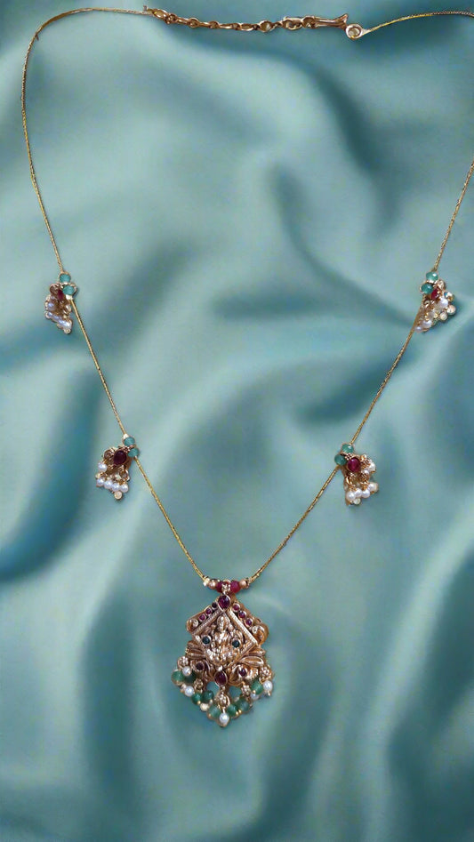 Invisible Gold Chain with pendent and ruby and Emerlad with pearls