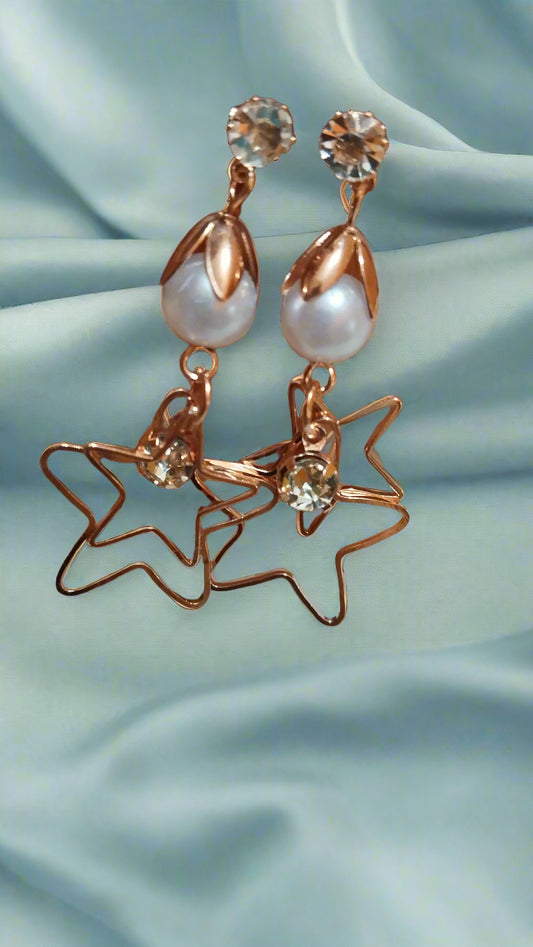 Trendy light weight shiny earring with korean western stylish danglers-i-BELK007g-pearl-star-rosegold-PunnagaiDJ