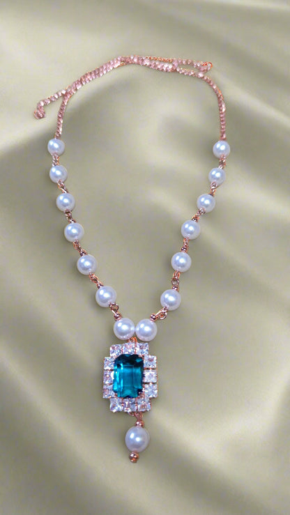 Pearl necklace set with american diamond stones-green blue red