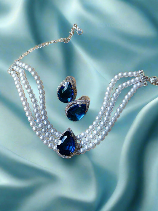 Fantastic Rhodium plated american diamond pearl choker set-Blue Green