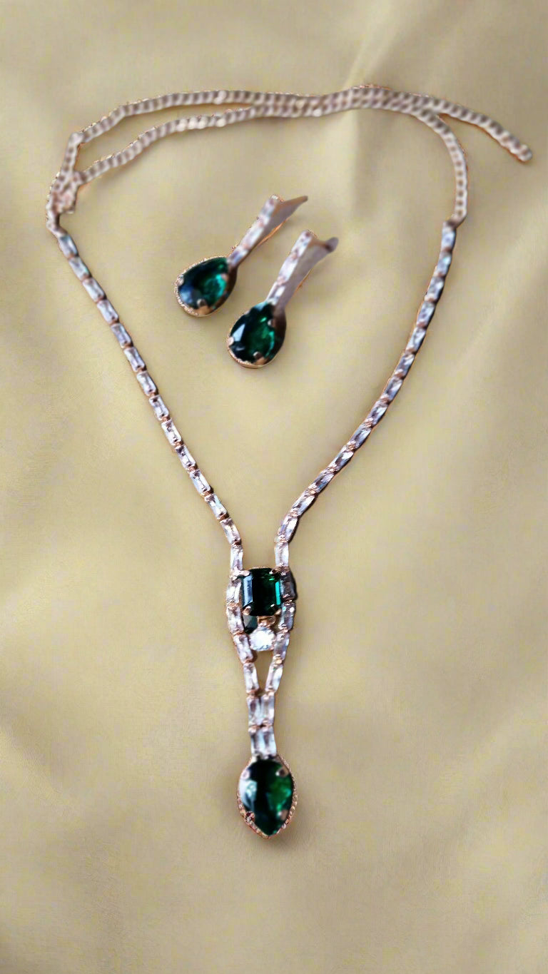Stylish Rose Gold-Plated Big green emerald stone Chain set