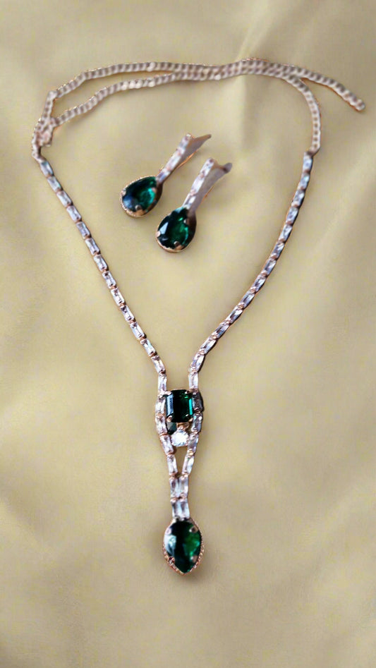 Stylish Rose Gold-Plated Big green emerald stone Chain set