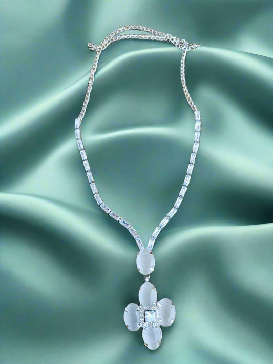 Amazing Rhodium plated american diamond with milky white stone set